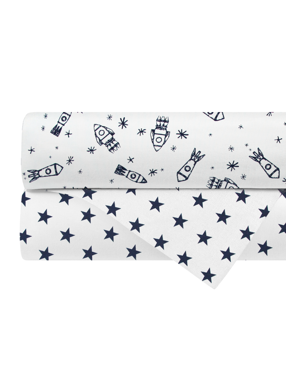 Set de 2 Sábanas de Cajón para Colecho/Corral (74x110) - Cohetes/Estrellas