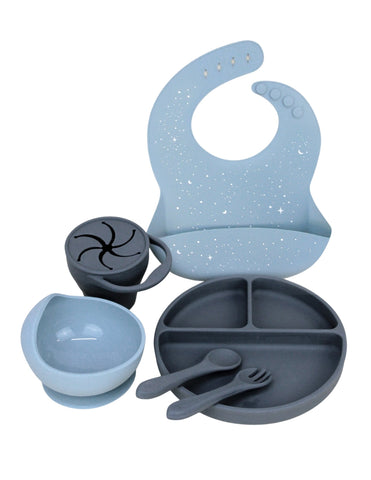 Set Completo de Alimentación para Bebé-Toddler - 6 piezas (Plato, Bowl, Cuchara, Tenedor, Babero y Vaso para Snacks) - Azul y Gris Oscuro