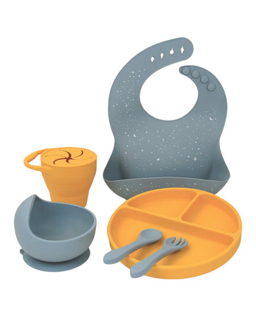 Set Completo de Alimentación para Bebé-Toddler - 6 piezas (Plato, Bowl, Cuchara, Tenedor, Babero y Vaso para Snacks) - Azul y Mango