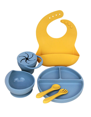 Set Completo de Alimentación para Bebé-Toddler - 6 piezas (Plato, Bowl, Cuchara, Tenedor, Babero y Vaso para Snacks) - Mango y Azul