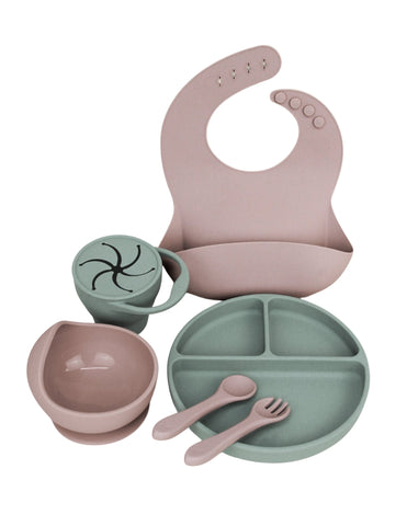 Set Completo de Alimentación para Bebé-Toddler - 6 piezas (Plato, Bowl, Cuchara, Tenedor, Babero y Vaso para Snacks) - Arena  y Verde