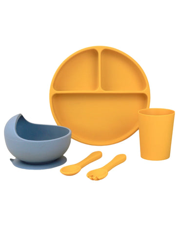 Set de Alimentación para Bebé-Toddler - 5 piezas (Plato, Bowl, Cuchara, Tenedor y Vaso) - Azul y Mango