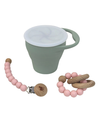 Set de Morderdera, Portachupón y Contenedor para Snacks - Rosa Pastel y Salvia