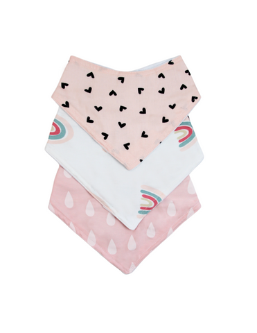 Baberos Bandana - Set de 3 Piezas Niña (Corazones + Arcoiris + Gotas)