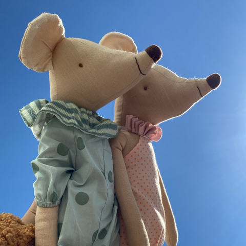 Muñecos de tela - Pareja de Ratones, en rosa y verde - 60cm