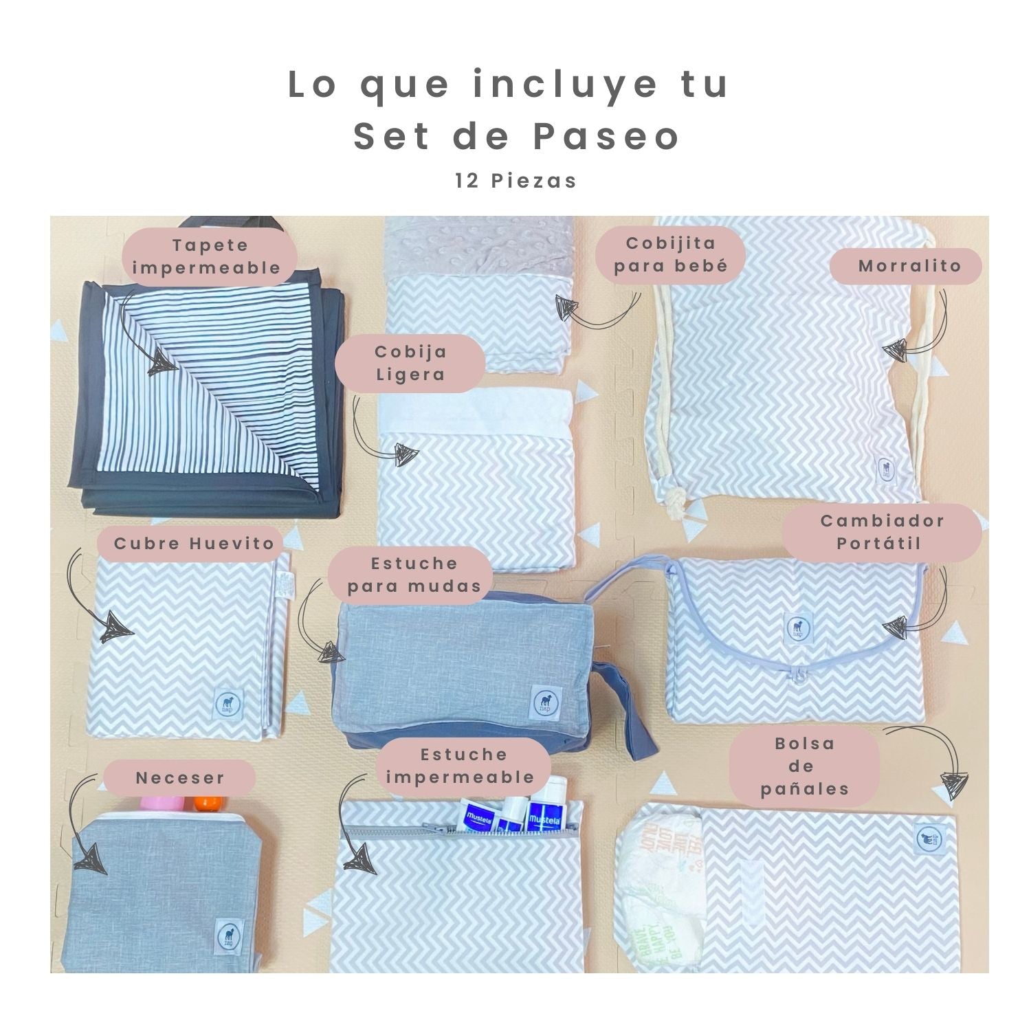 Paquete "Todo para salir de paseo con tu Bebé" - Unisex - Chevron gris