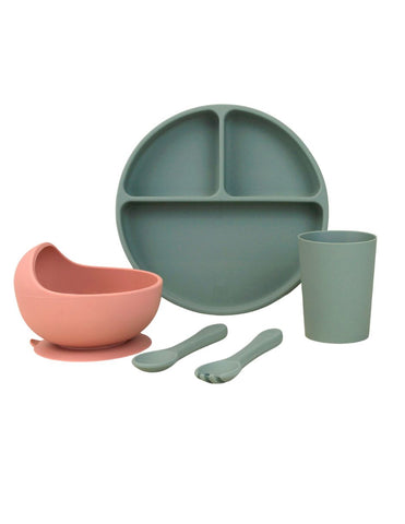 Set de Alimentación para Bebé/Toddler - 5 piezas (Plato, Bowl, Cuchara, Tenedor y Vaso) - Rosa y Verde Salvia