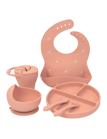 Set Completo de Alimentación para Bebé/Toddler - 6 piezas (Plato, Bowl, Cuchara, Tenedor, Babero y Vaso para Snacks) - Palo Rosa