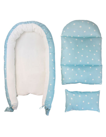 Nido, ó cama portátil para Bebé, con acolchado, 100% Algodón - Estrellitas Azules