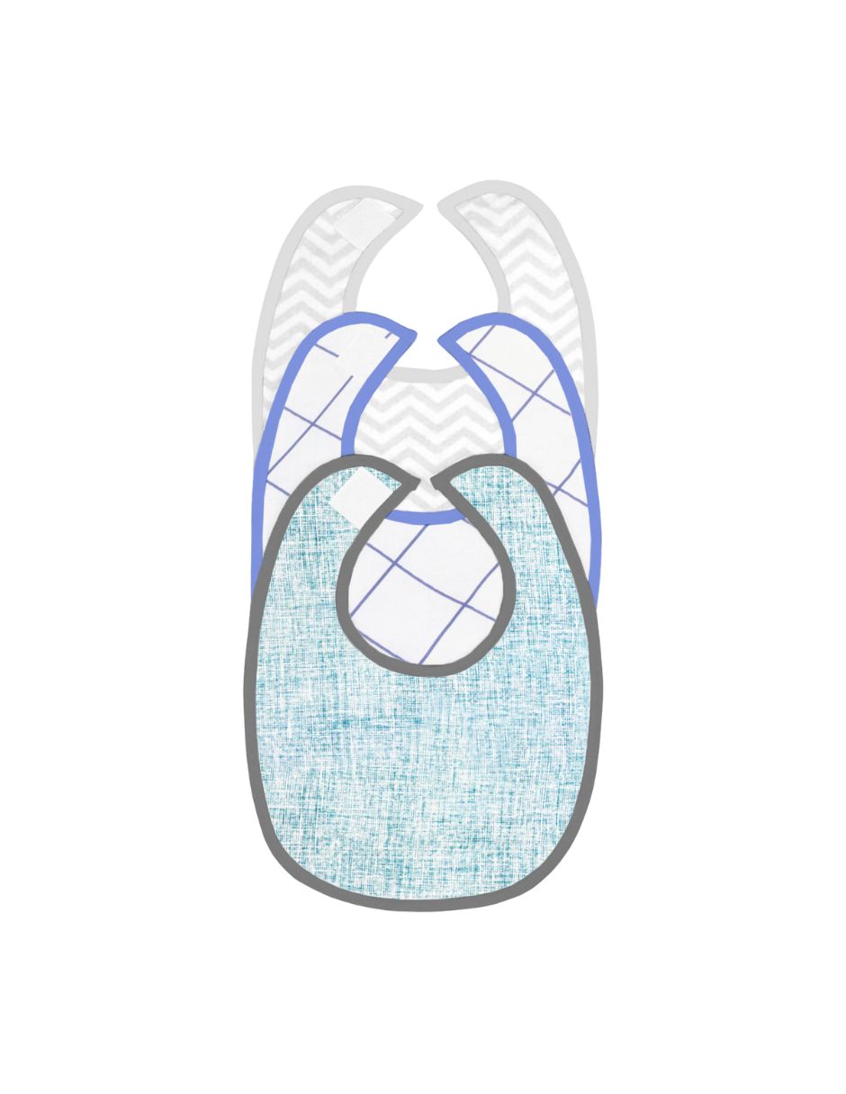 Baberos - Set de 3 Piezas Niño (Chevron Gris + Cuadritos Azul + Azul Mar)