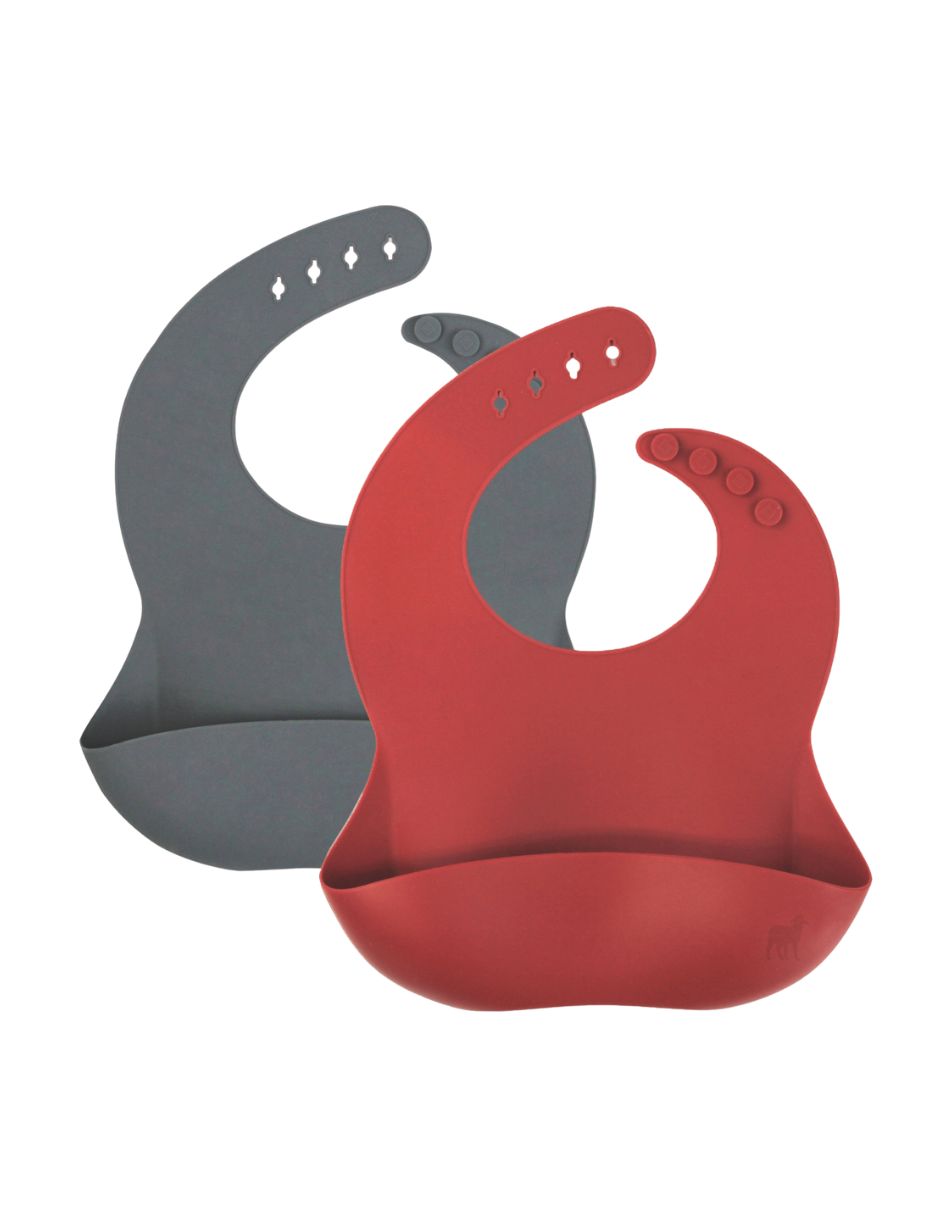 Baberos de Silicón para Bebé con bolsa atrapa comida - Set de 2 - Gris y Vino