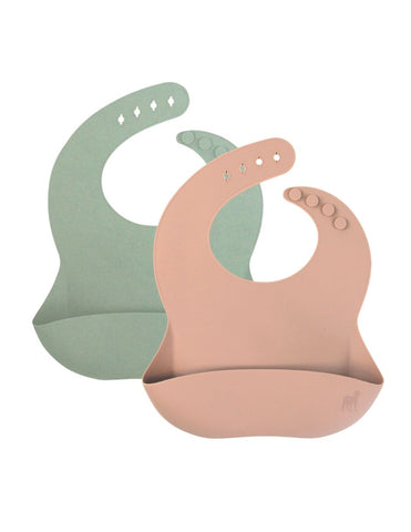 Baberos de Silicón para Bebé con bolsa atrapa comida - Set de 2 -Arena y Verde Salvia