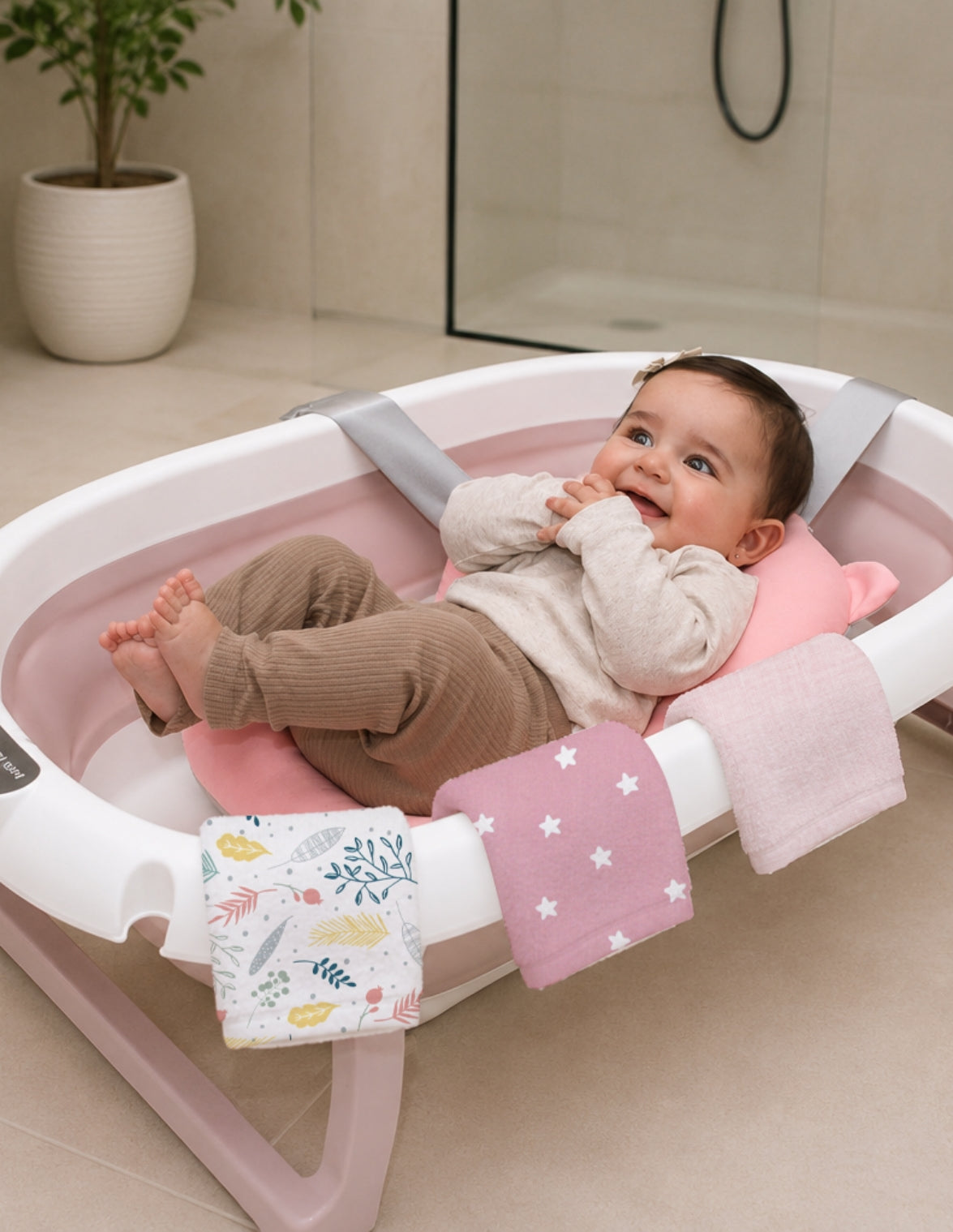 Set de Bañera ó Tina Plegable para Bebé con Cojín Antideslizante - Rosa + Toallitas