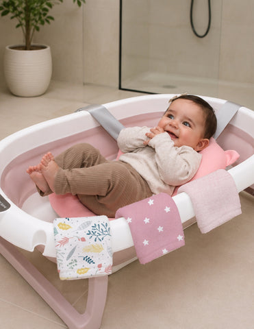 Set de Bañera ó Tina Plegable para Bebé con Cojín Antideslizante - Rosa + Toallitas