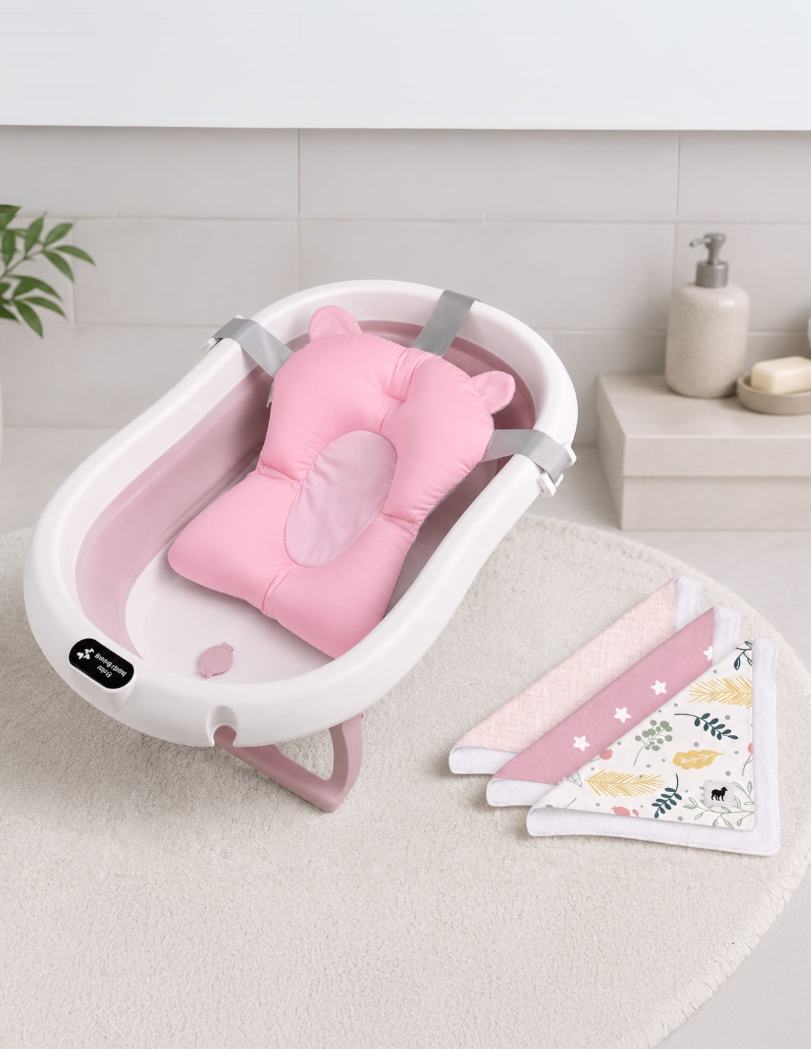 Set de Bañera ó Tina Plegable para Bebé con Cojín Antideslizante - Rosa + Toallitas
