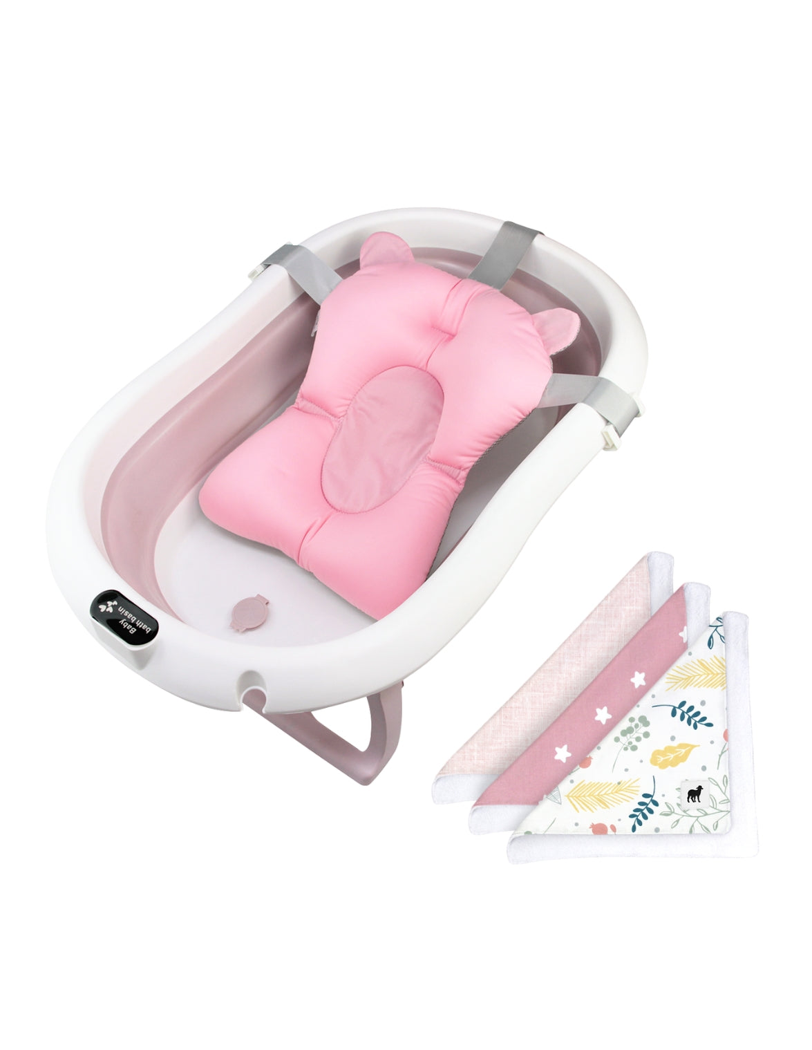 Set de Bañera ó Tina Plegable para Bebé con Cojín Antideslizante - Rosa + Toallitas