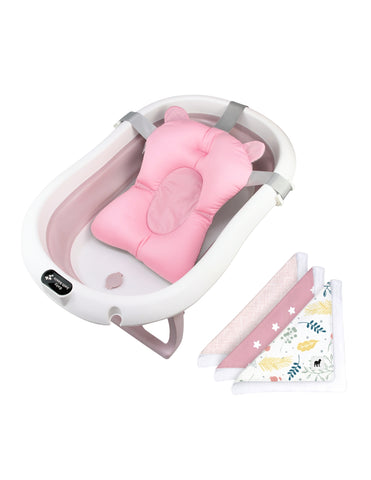 Set de Bañera ó Tina Plegable para Bebé con Cojín Antideslizante - Rosa + Toallitas