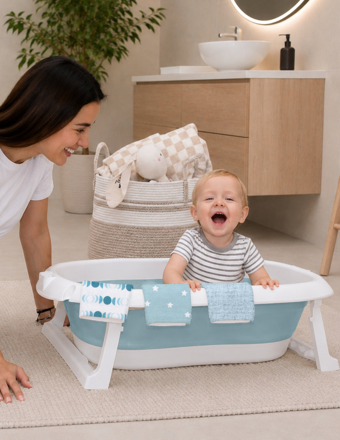 Set de Bañera ó Tina Plegable para Bebé con Cojín Antideslizante - Azul + Toallitas