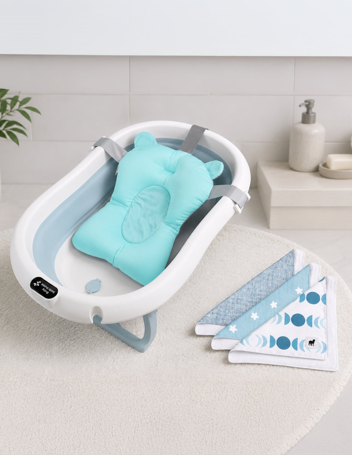 Set de Bañera ó Tina Plegable para Bebé con Cojín Antideslizante - Azul + Toallitas