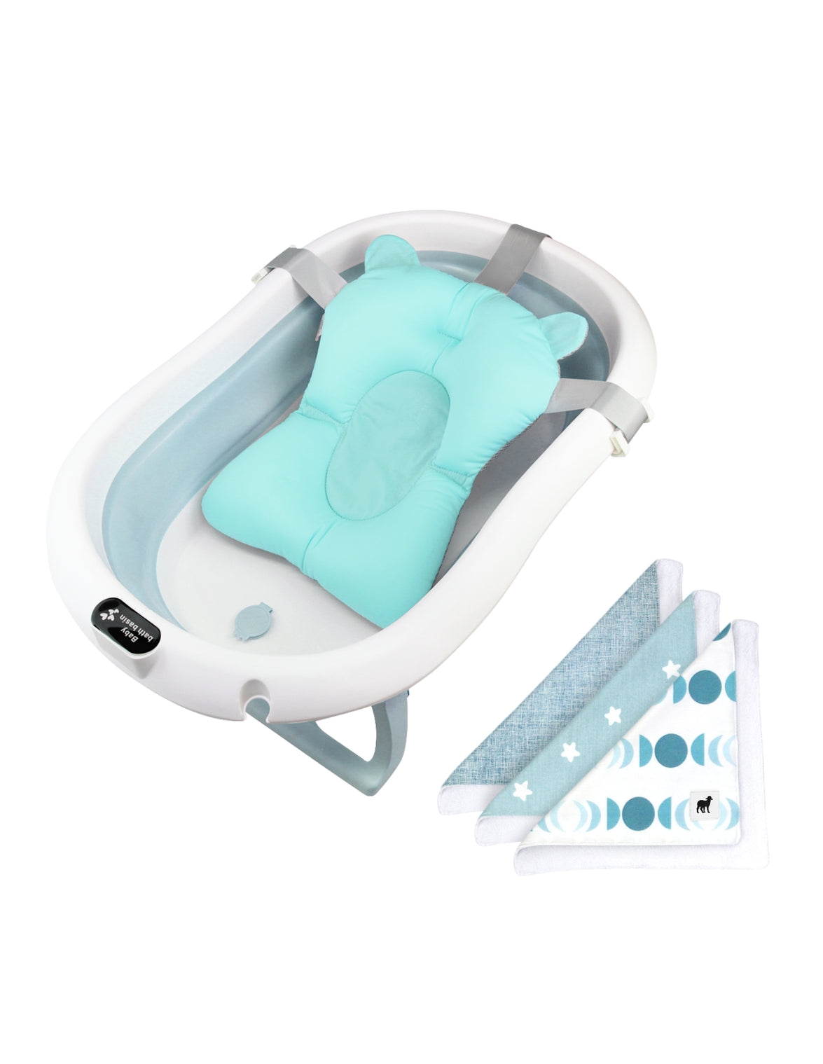 Set de Bañera ó Tina Plegable para Bebé con Cojín Antideslizante - Azul + Toallitas