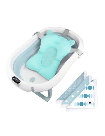 Set de Bañera ó Tina Plegable para Bebé con Cojín Antideslizante - Azul + Toallitas