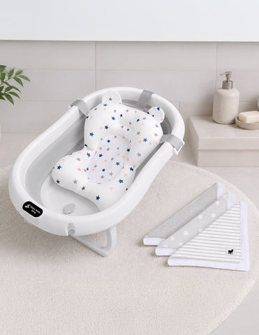 Set de Bañera ó Tina Plegable para Bebé con Cojín Antideslizante - Gris + Toallitas