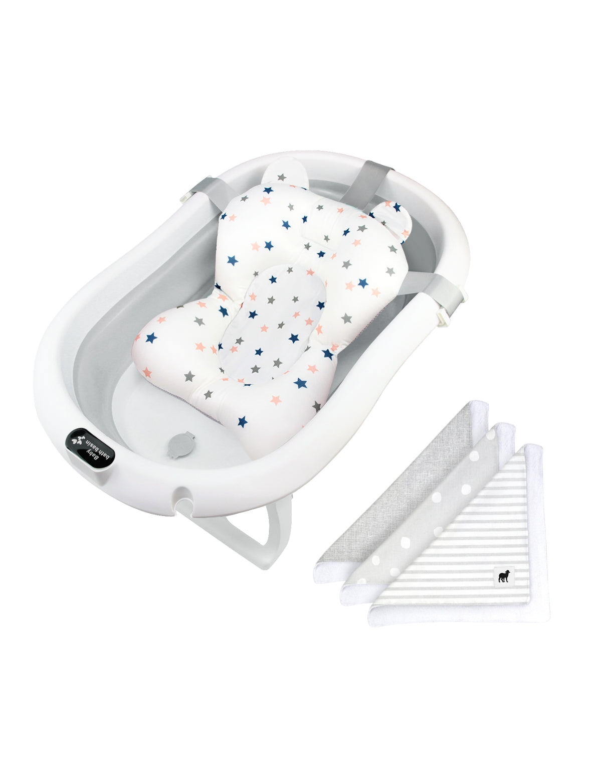 Set de Bañera ó Tina Plegable para Bebé con Cojín Antideslizante - Gris + Toallitas