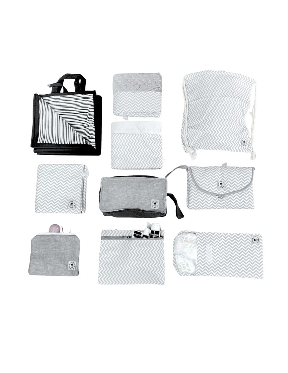 Paquete "Todo para salir de paseo con tu Bebé" - Unisex - Chevron gris