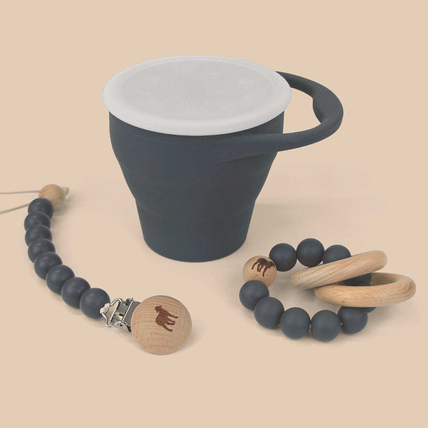 Set de Morderdera, Portachupón y Contenedor para Snacks - Gris Óscuro