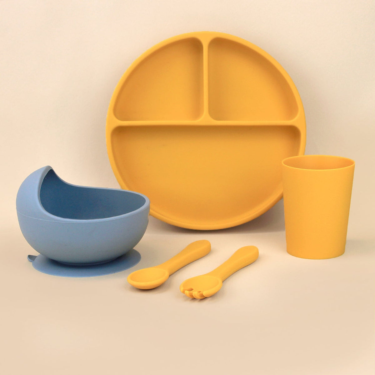 Set de Alimentación para Bebé-Toddler - 5 piezas (Plato, Bowl, Cuchara, Tenedor y Vaso) - Azul y Mango