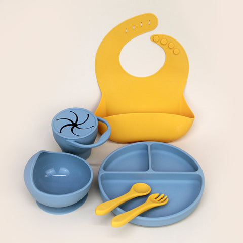 Set Completo de Alimentación para Bebé-Toddler - 6 piezas (Plato, Bowl, Cuchara, Tenedor, Babero y Vaso para Snacks) - Mango y Azul