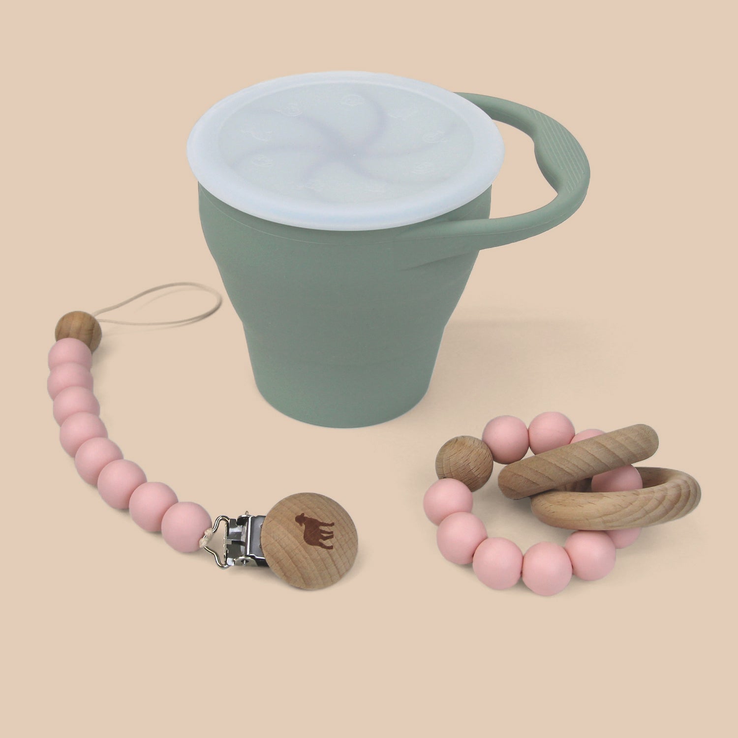 Set de Morderdera, Portachupón y Contenedor para Snacks - Rosa Pastel y Salvia
