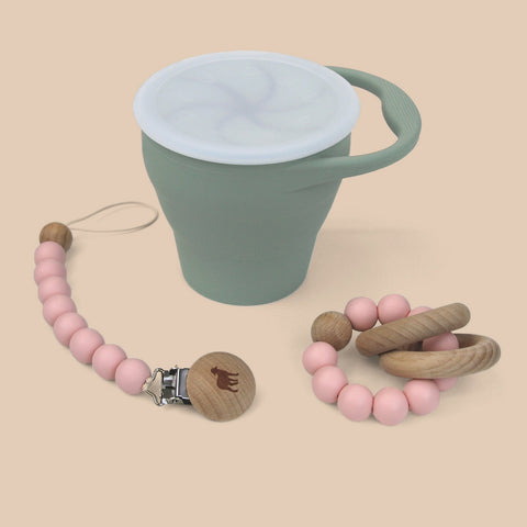 Set de Morderdera, Portachupón y Contenedor para Snacks - Rosa Pastel y Salvia