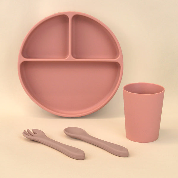 Set de Alimentación Inicial - 4 pzas (Plato, Cuchara, Tenedor y Vaso) - Palo Rosa