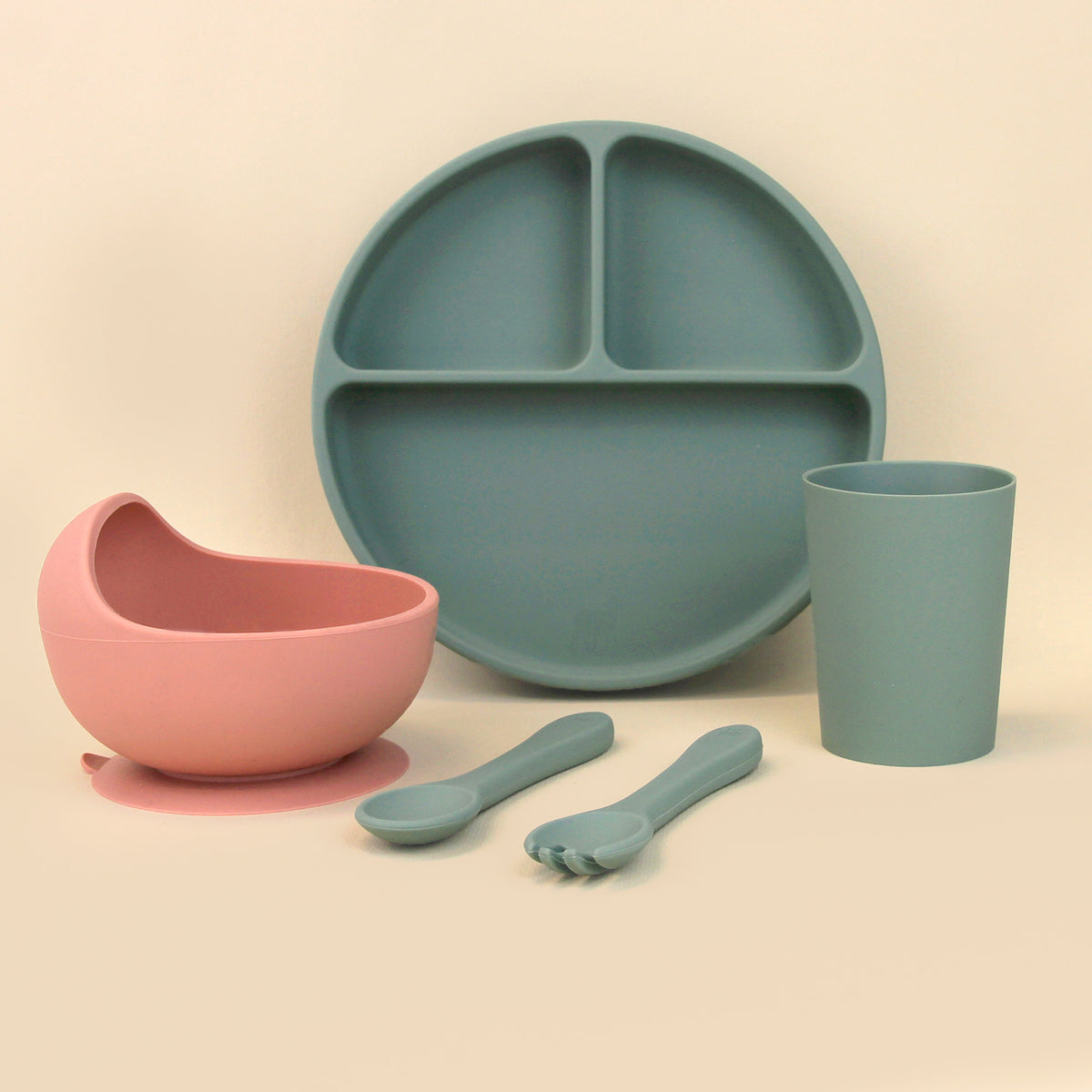 Set de Alimentación para Bebé/Toddler - 5 piezas (Plato, Bowl, Cuchara, Tenedor y Vaso) - Rosa y Verde Salvia
