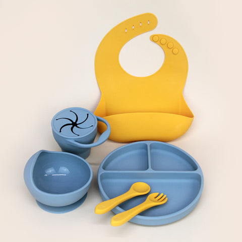 Set Completo de Alimentación para Bebé-Toddler - 6 piezas (Plato, Bowl, Cuchara, Tenedor, Babero y Vaso para Snacks) - Mango y Azul