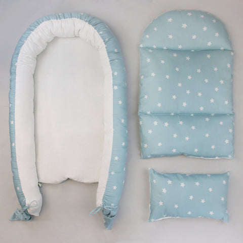 Nido, ó cama portátil para Bebé, con acolchado, 100% Algodón - Estrellitas Azules