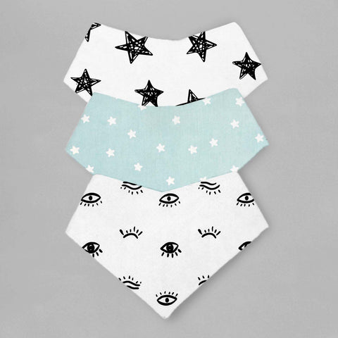 Baberos Bandana - Set de 3 Piezas Unisex (Estrellas Azules + Ojitos + Estrellas Negras)