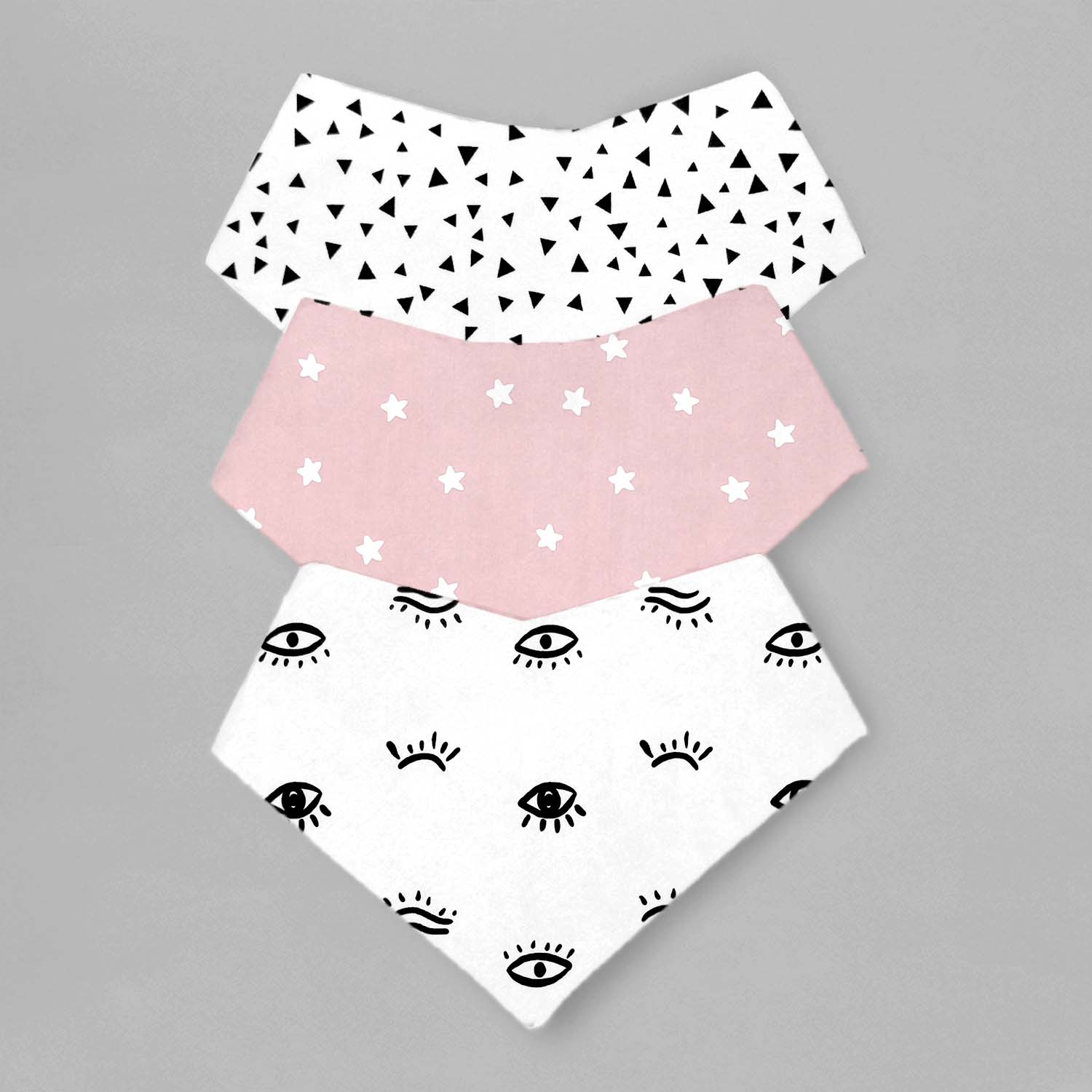 Baberos Bandana - Set de 3 Piezas Niña (Estrellitas Vino + Triangulitos Negros + Ojitos)