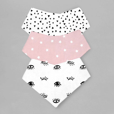 Baberos Bandana - Set de 3 Piezas Niña (Estrellitas Vino + Triangulitos Negros + Ojitos)