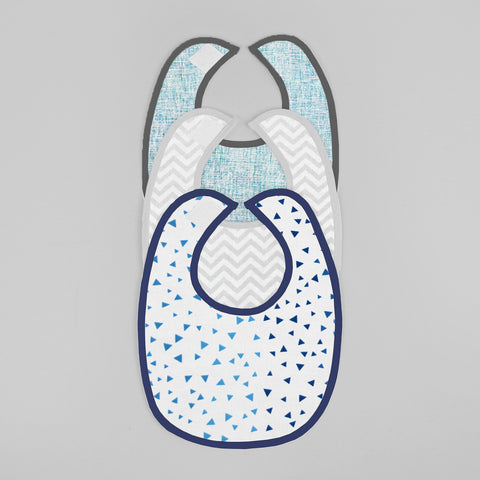 Baberos - Set de 3 Piezas Niño  (Triangulitos Azules + Chevron Gris + Azul Mar)